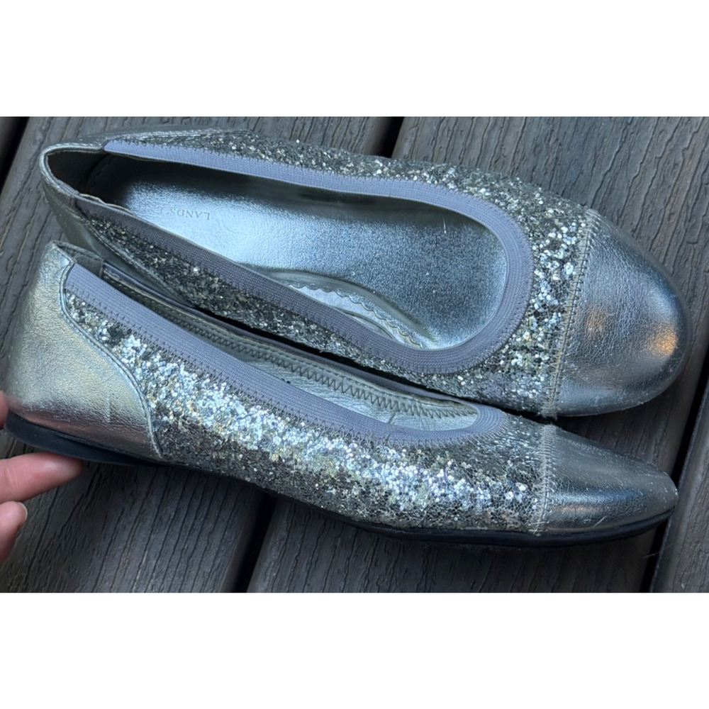 Lands’ End Girl’s US 4M Silver Sparkle Cameron Classic Captoe Ballet Flats Shoes